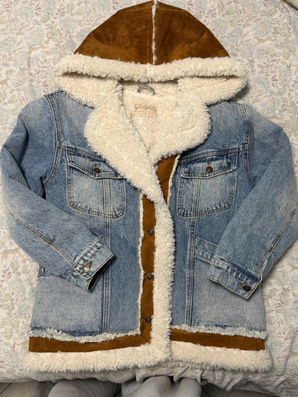 We The Free Light Blue Denim Jacket with Brown Hood & Cream Sherpa